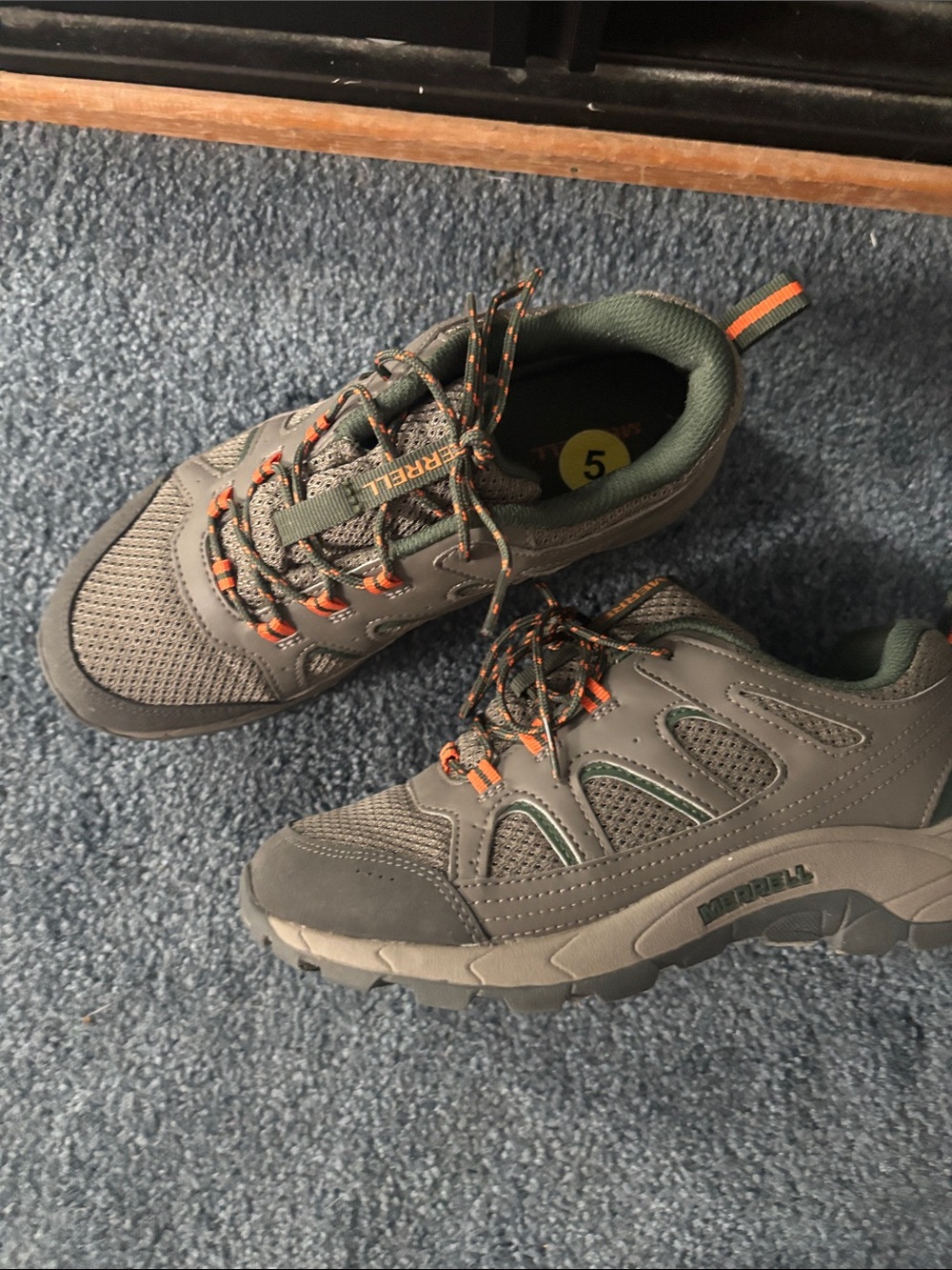 Merrell Gray Trail Sneakers with Green Lining and Orange Highlights